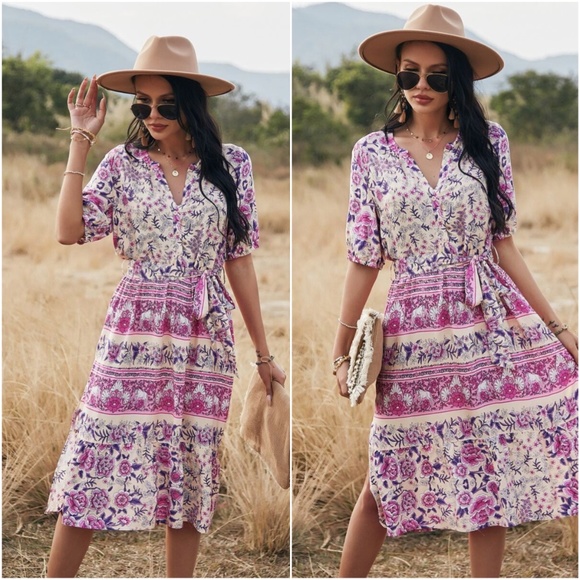 Dresses & Skirts - boho floral print v neck belted side slit dress